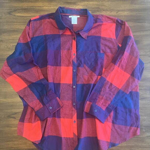K. Jordan Womens Flannel Top Sz 5X Red Purple Blue Plaid Cabincore Fallcore - Picture 1 of 9
